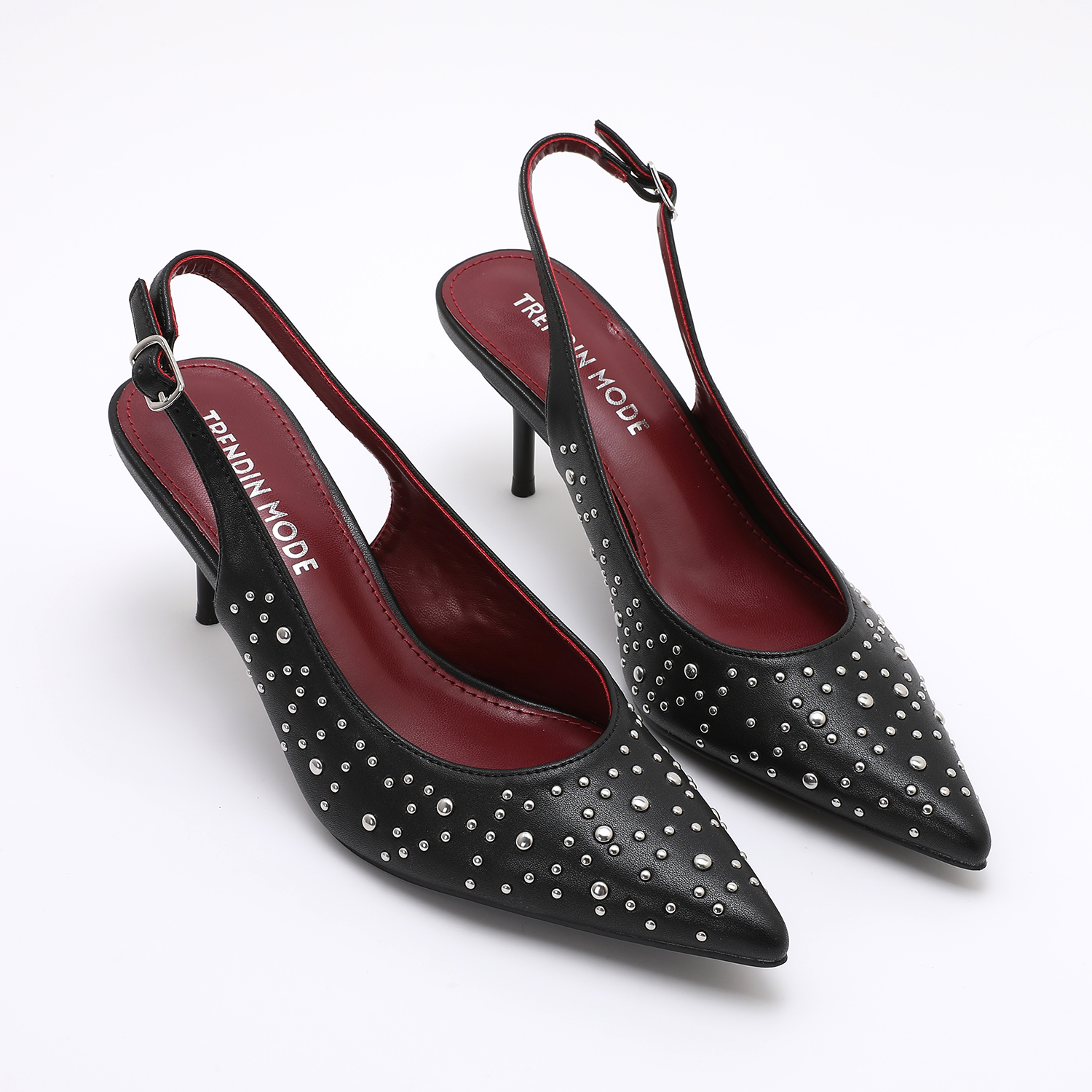 TM250687_BLACK_1 Pointed Toe Studded Heel Slingback TM250687 Black - Image 1