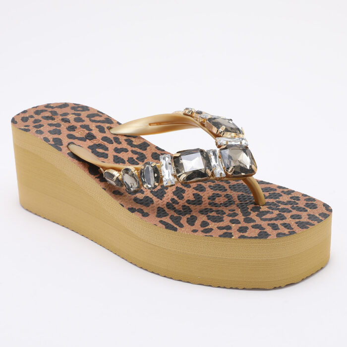 Chanclas Flip Flop de Cuña con Pedrería Animal Print Camel - Imagen 3