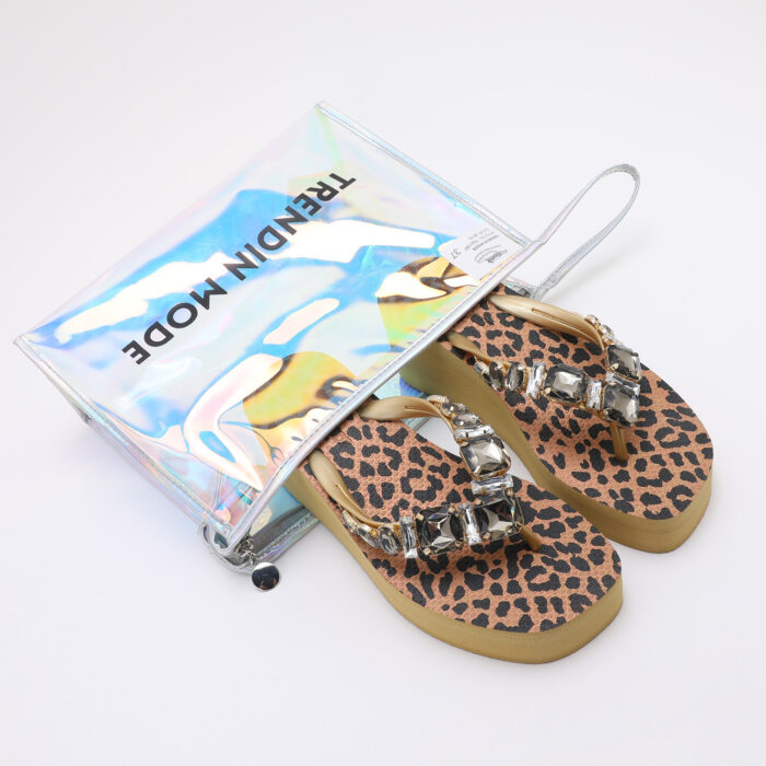 Chanclas Flip Flop de Cuña con Pedrería Animal Print Camel - Imagen 2