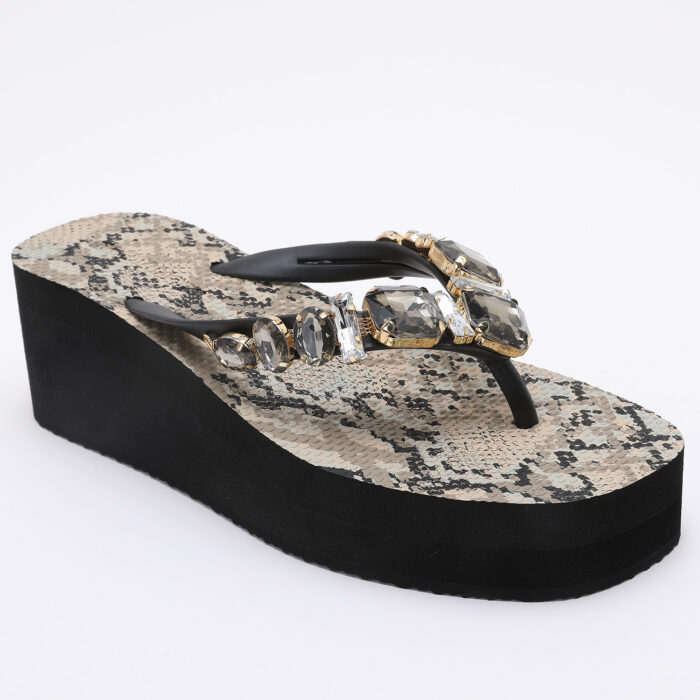Chanclas Flip Flop de Cuña con Pedrería Animal Print Negro - Imagen 3