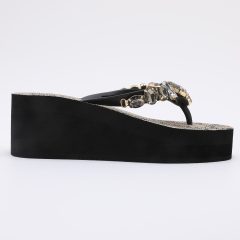 Chanclas Flip Flop de Cuña con Pedrería Animal Print Negro