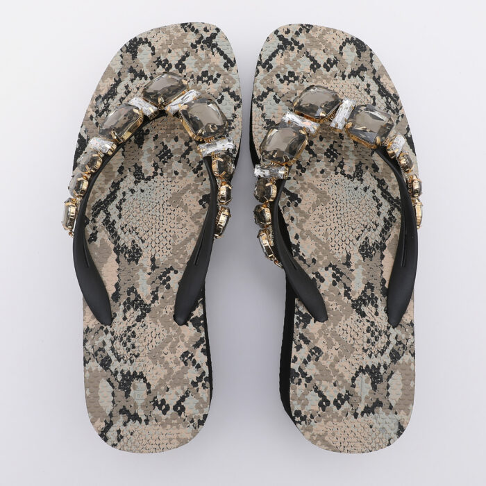 Chanclas Flip Flop de Cuña con Pedrería Animal Print Negro - Imagen 5