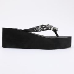 Chanclas Flip Flop de Cuña con Pedrería Negro
