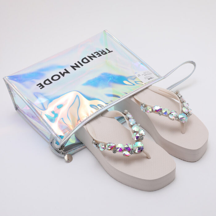 Chanclas Flip Flop de Cuña con Pedrería Blanco - Imagen 2