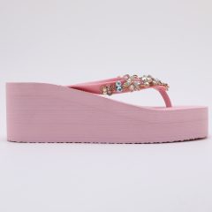 Chanclas Flip Flop de Cuña con Pedrería v2 Rosa
