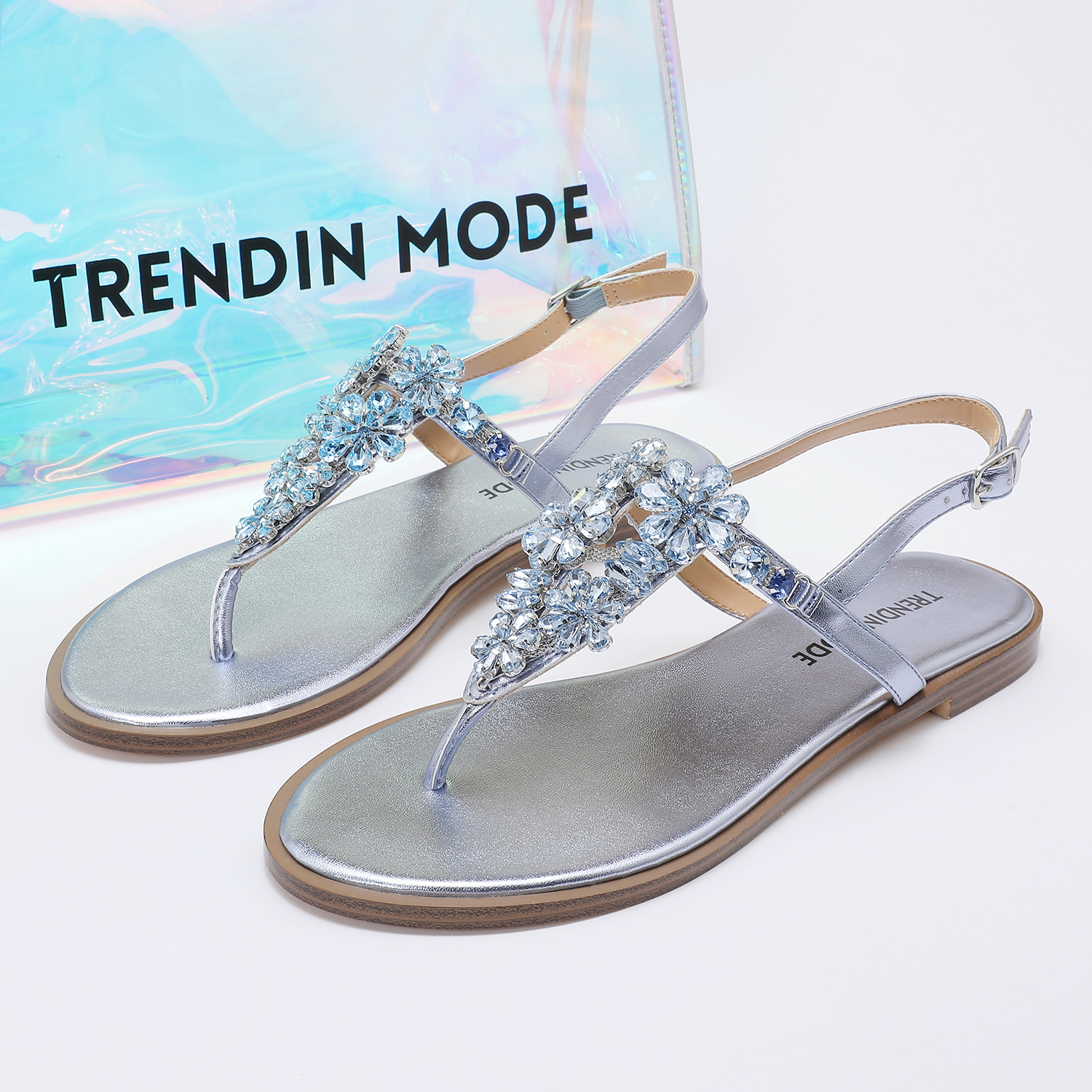 TMA10001_BLUE_5 Jeweled Flat Sandals TMA10001 Blue - Image 1